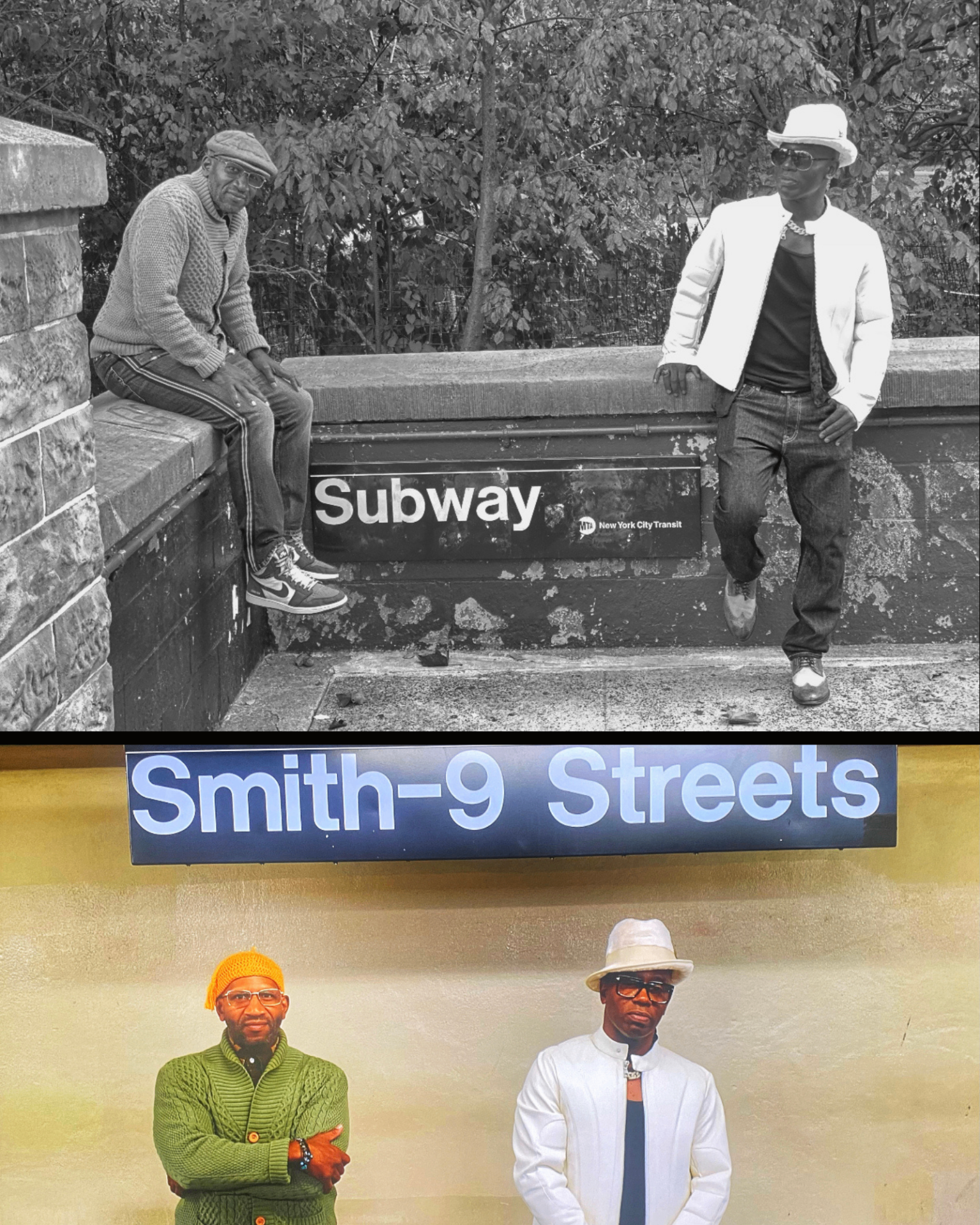 Diptych — 1981-style recreation pose beside the 2024 color restaging at the subway wall